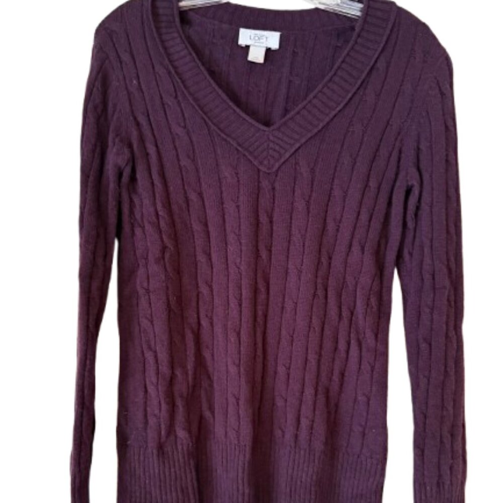 Loft Dark Purple V-Neck Cable Sweater - Wool & Rabbit Hair - Med Petite